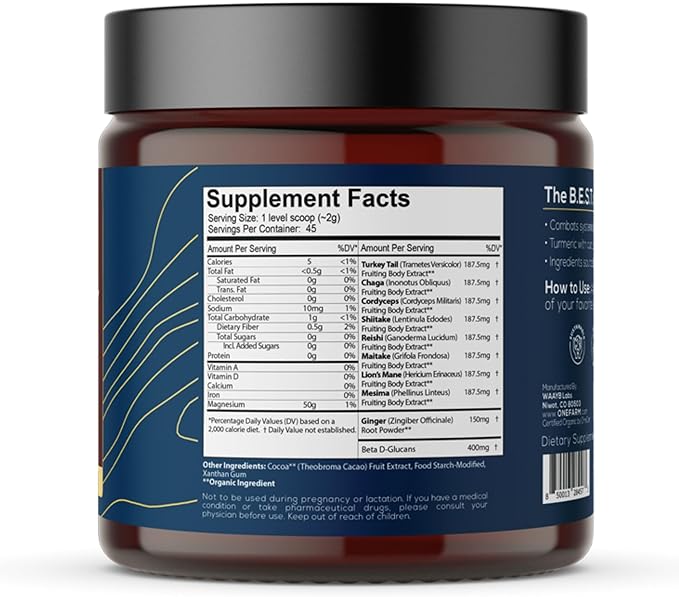 Organic 8 Mushroom Immunity Powder Non-GMO - Turkey Tail Chaga Cordyceps Shiitake Reishi Maitake Lion's Mane and Mesima - Vegan Mushroom Supplement in a Resealable Glass Jar