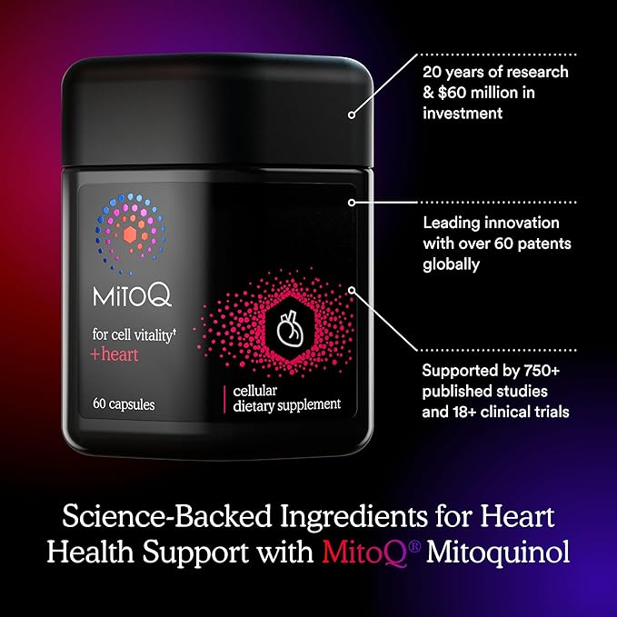MitoQ +Heart Premium CoQ10 Antioxidant - Contains Mitoquinol Mesylate Magnesium L-Carnitine &amp Vitamin D3 - Supports Cardiovascular and Circulatory Health &amp Cell Vitality (60 Capsules)