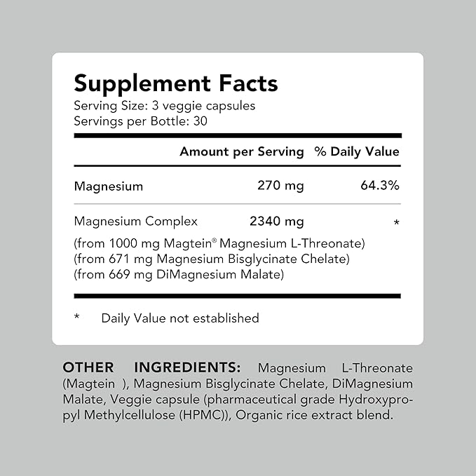AMANDEAN Magtein Magnesium Complex. L-Threonate Glycinate Malate Triple Blend Chelated Magnesium Supplement. 90 Veggie Capsules. High Absorption Branded Ingredients. Brain Health Sleep Calm*.