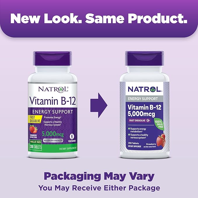 Natrol Vitamin B-12 5000mcg 200 Tablets &amp Biotin 10000mcg 60 Tablets for Cellular Energy Healthy Nervous System Hair Skin and Nails