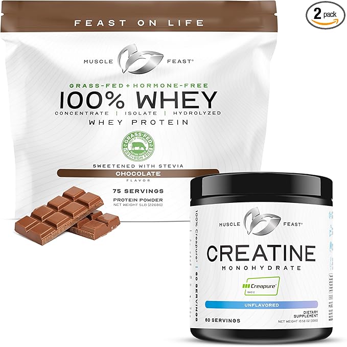 Muscle Feast 100% Whey + Creatine Bundle: (1) 100% Whey Protein (Chocolate 5lb) + (1) Creatine Powder (Unflavored 300g)