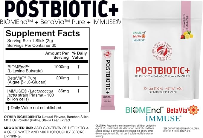 Silver Fern Brand Postbiotic+ Strawberry Lemonade Powder – Postbiotic Supplement with BIOMend™ BetaVia™ and Immuse® – Supports The Digestive System &amp Overall Wellness – 30 Stick Packs