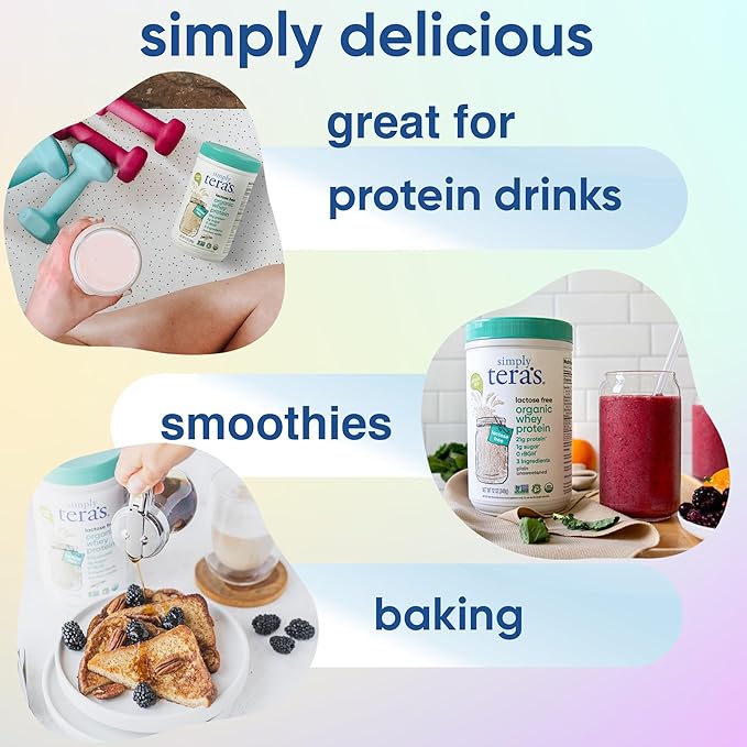 Simply tera's Lactose Free Organic Whey Protein Powder - Lactose Free Dark Chocolate 19g of Protein Per Serving Non-GMO Gluten-Free rBGH-Free Kosher - 12 Oz