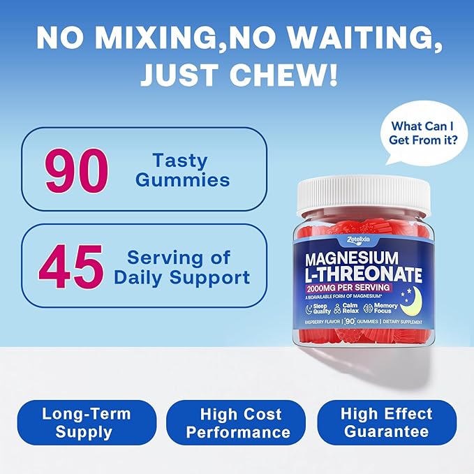 90 Count | Magnesium L-Threonate Gummies 2000mg Magnesium Threonate Supplement for Adults &amp Kids Support Cognition Restful Sleep &amp Muscle Health Sugar Free Vegan Non-GMO Raspberry Flavo