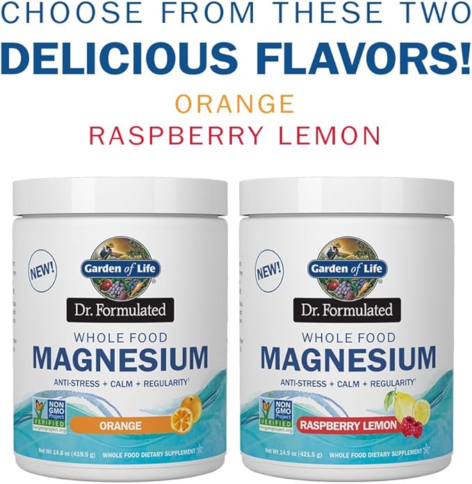 Garden of Life Dr. Formulated Whole Food Magnesium 419.5g Powder - Orange Chelated Non-GMO Vegan Kosher Gluten &amp Sugar Free Supplement with Probiotics - Best for Anti-Stress Calm &amp Regul