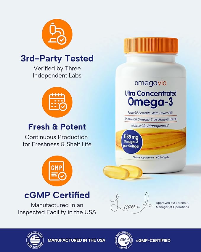 OmegaVia Ultra Concentrated Omega 3 Fish Oil Burpless 60 Softgels Triple Strength Omega 3 Fish Oil Supplements 1135 mg Pure Omega3 No Fishy Burps High EPA DHA DPA IFOS 5-Star