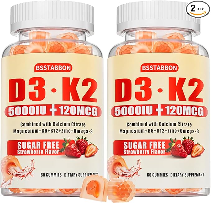 Vitamin D3 K2 Gummies for Women: Sugar Free Chewable 5000 IU D3 + 120 mcg K2 (MK-7) Supplement with Magnesium Omega-3 Zinc Calcium Methyl B12 for Immune Health - High Absorption for Adults(120Count)