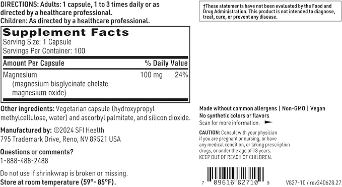 Klaire Labs SFI Health Magnesium Glycinate Complex - Chelated Magnesium Blend for Optimal Absorption - Supports Healthy Bones Muscles &amp Energy Levels - Gentle on Digestion (100 Capsules)