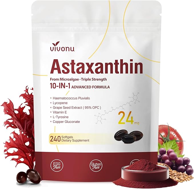 10 in 1 Astaxanthin Supplements 24mg 4 Month Supply Astaxantina Antioxidant from Fresh Haematococcus Pluvialis Contains Lycopene Grape Seed Vitamin E &amp More Supports Eye Joints Skin Health