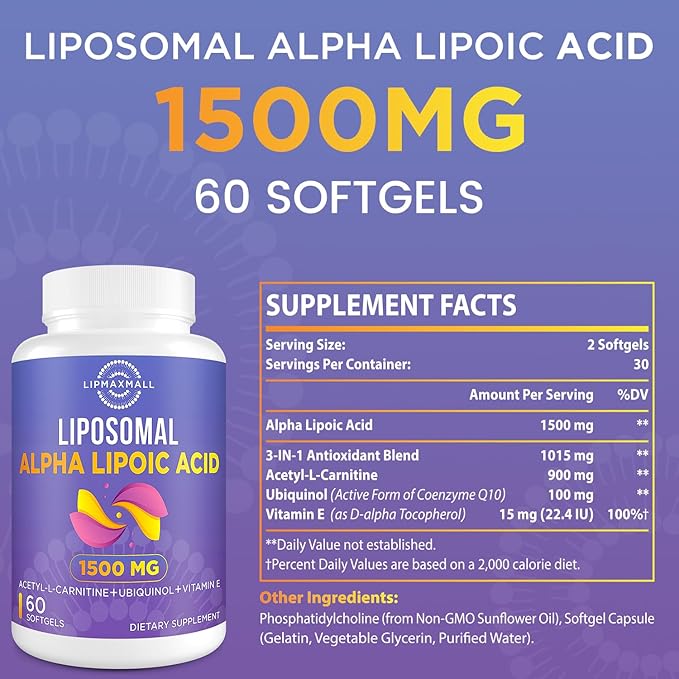 Liposomal Alpha Lipoic Acid 1500mg - with Acetyl-L-Carnitine 900mg &amp Ubiquinol 100mg &amp Vitamin E 15mgALA Supplement for Antioxidants Glucose Metabolism Nerve Energy60 Softgels (2 Bottle)