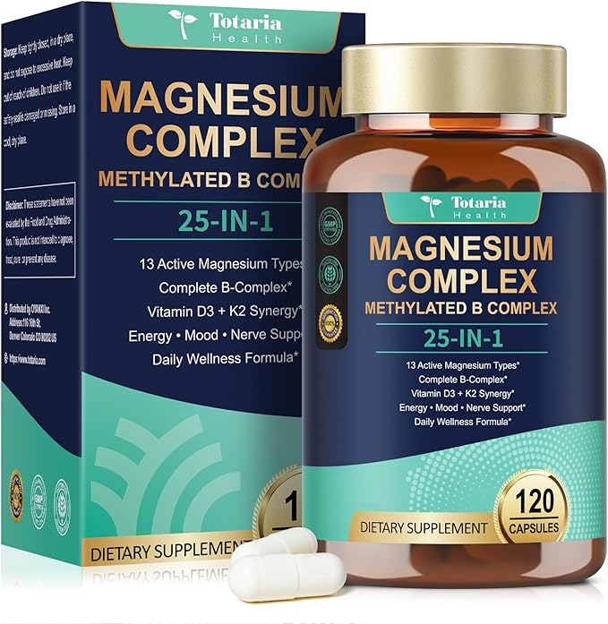 25-in-1 Magnesium Complex with Methylated B Complex 120 Vegan Capsules per Bottle 2 Bottles