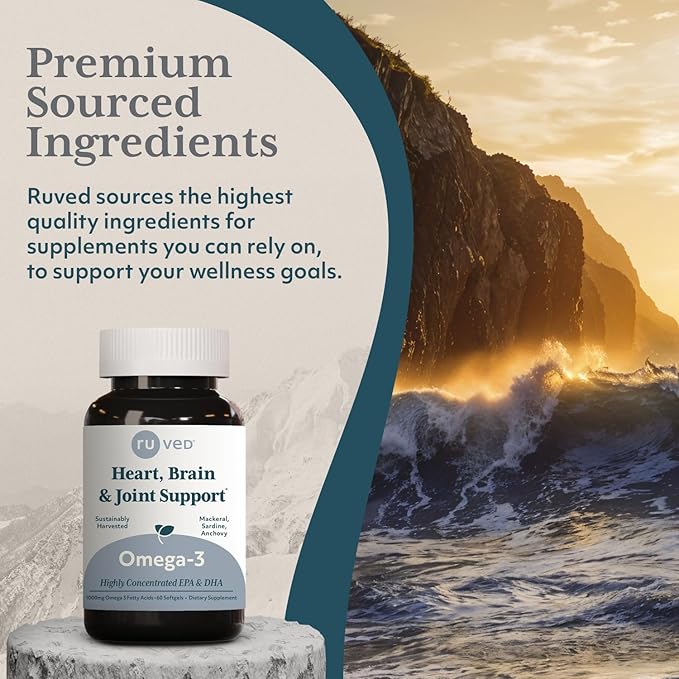 ruved Omega-3 - Omega 3 Fish Oil 1000mg Per Capsule EPA &amp DHA Fish Oil Supplement for Women &amp Men Heart Brain &amp Joint Support - 60 Softgel Capsules (1 Count)