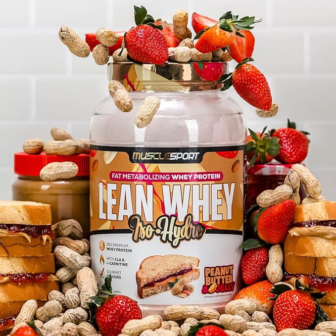 MuscleSport Lean Whey Revolution™ Whey Protein Isolate with Hydrolyzed Whey - Low Calorie Low Carb Low Fat Incredible Flavors - 25g protein per scoop (2LB Peanut Butter &amp Jelly)