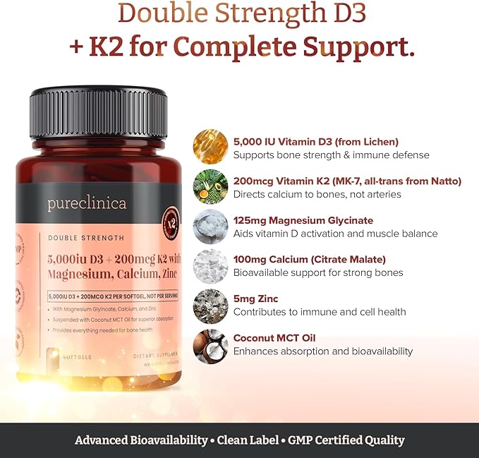 pureclinica Double Strength D3 + K2 Complex x 180 Vegan Softgels (2 Bottles of 90) – 5000 IU D3 + 100mcg K2 with Magnesium Calcium &amp Zinc – 6 Months Supply