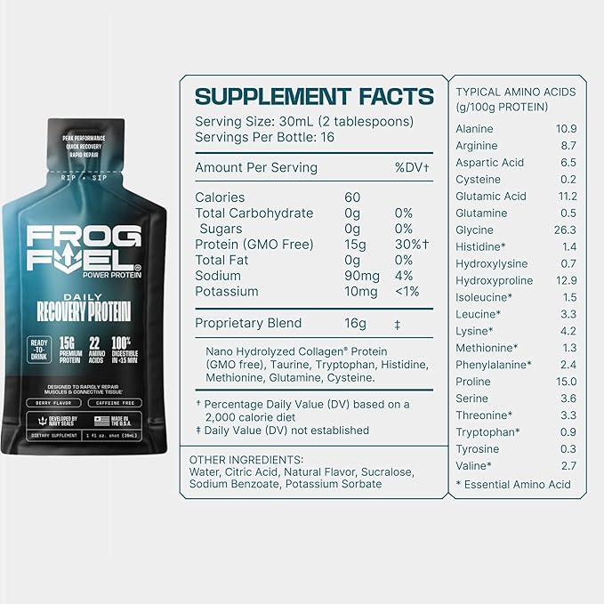 Frog Fuel Power Regular &amp Power Energized Complete Protein Shot Bundle 15g Protein Nano-Hydrolyzed Grass Fed Collagen Post Workout Fat &amp Sugar Free 22 Amino Acids Berry 1 oz Packets 48
