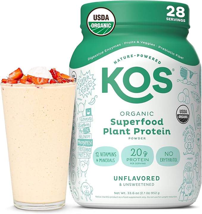 KOS Vegan Protein Powder Unflavored &amp Unsweetened - Low Carb Pea Protein Blend Organic Superfood Rich in Vitamins &amp Minerals - Keto Soy Dairy Free - Meal Replacement for Women &amp Men -