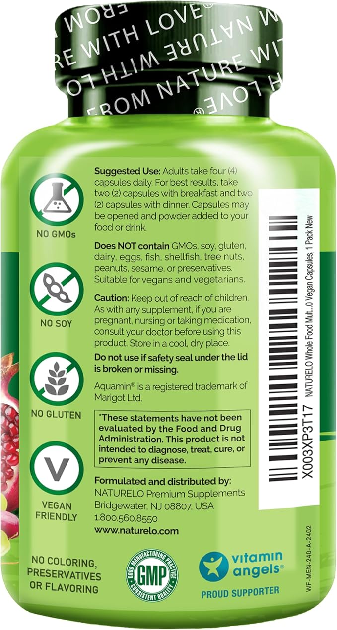 NATURELO Mens Multivitamins - Whole Food Multivitamin for Men with Vitamins Minerals - 240 Vegetarian Capsules for Energy Brain Heart Eye Health*