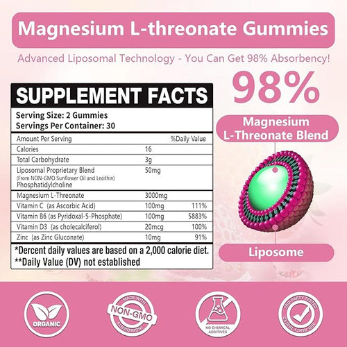 3000mg Liposomal Magnesium Threonate Gummies Magnesium Glycinate Supplements Liposomal Enhance 98% Absorption Intestinal Tolerance Muscle &amp Nervous System Support for Adults