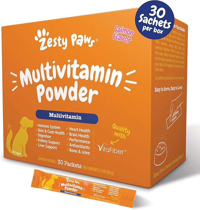 Zesty Paws 10-in-1 Dog Multivitamin - Gut Immune Joint Skin &amp Coat Support and More - Dog Vitamins and Supplements Powder - Pet Supplements with Omega Fish Oil &amp VitaFiber - Salmon - 30 Ct