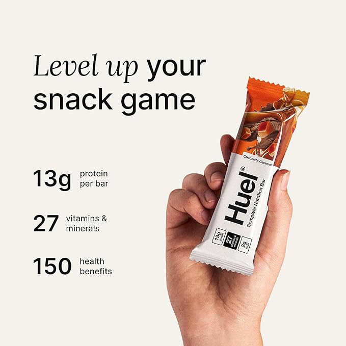 Huel Complete Nutrition Vegan Protein Bars | Chocolate Caramel | 13g Protein | 27 Vitamins &amp Minerals 2g Sugar Non-GMO 100% Plant Based Snack | 12 Pack