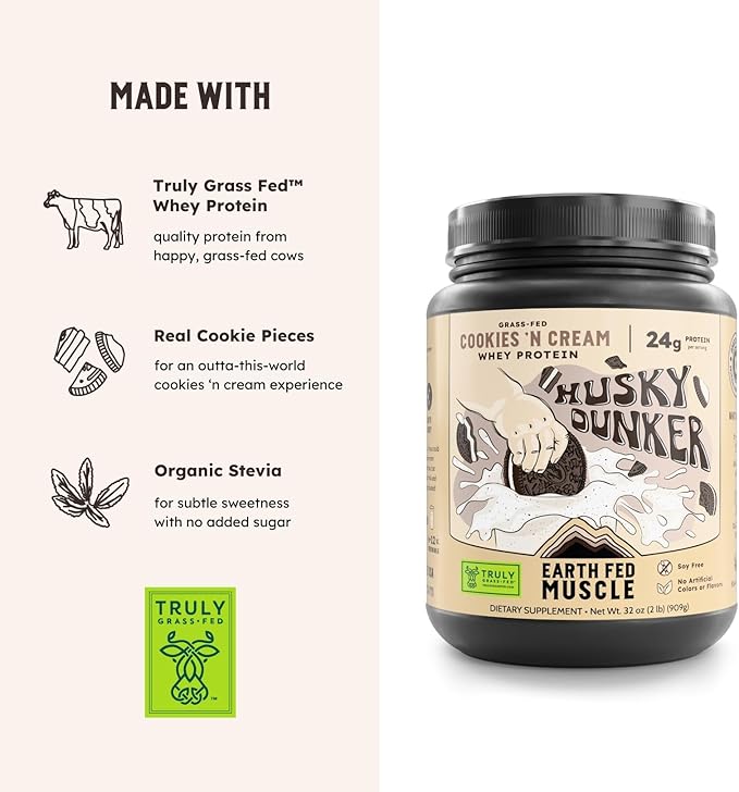 Earth Fed Muscle Husky Dunker Cookies N' Cream Truly Grass Fed Whey Protein Powder - No Artificial Ingredients Soy Free Non-GMO and Hormone Free (2 Pound 27 Servings Cookies n' Cream)