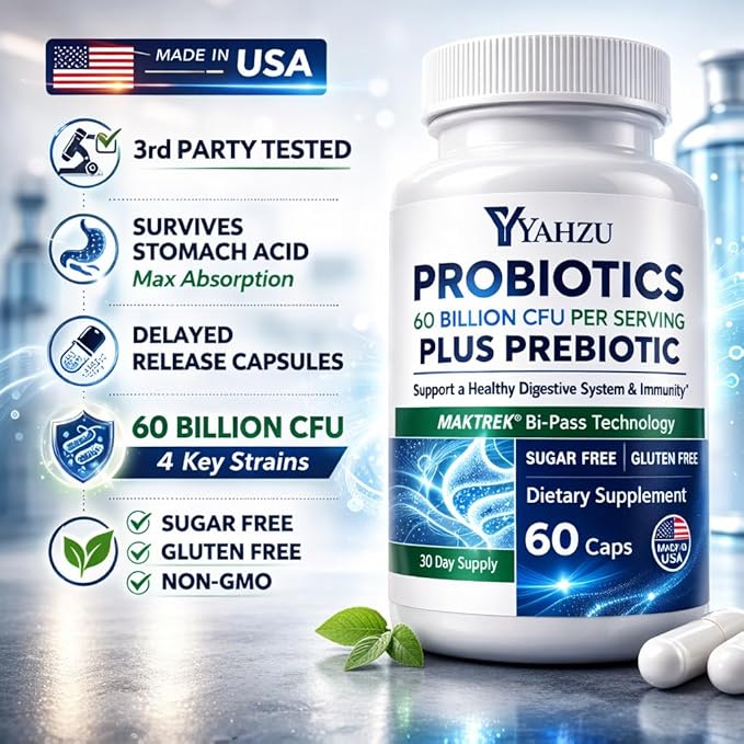60 Billion CFU Probiotics with Prebiotic Fiber – Synbiotic Digestive &amp Immune Support for Men &amp Women 4 Clinically Researched Strains 60 Vegan Capsules