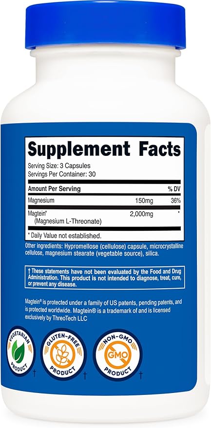 Nutricost Magtein Magnesium L-Threonate 2000mg 90 Capsules - Gluten Free Vegetarian 30 Servings