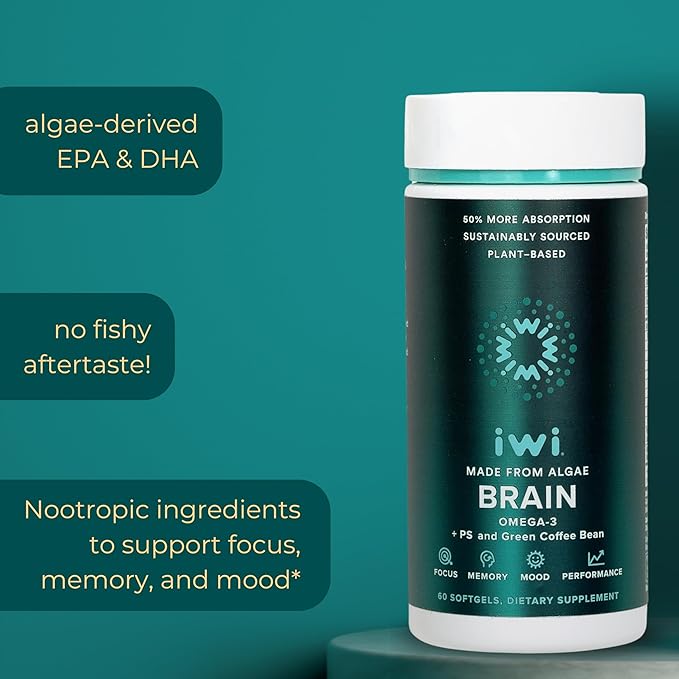Iwi Life Brain Omega-3 60 Softgels (30 Servings) Vegan Plant-Based Algae Omega-3 with EPA + DHA Focus Memory and Mood Support Dietary Supplement Krill &amp Fish Oil Alternative No Fishy Afterta