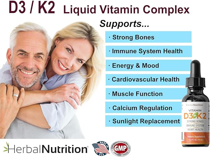 Herbal Nutrition Organic Vitamin D3 K2 Drops – 5000 IU D3 + 63mcg MK7 K2 – 270 Servings Vegan Liquid Supplement Superior Delivery – Bone Heart Immune &amp Mood Support – Peppermint Flavor