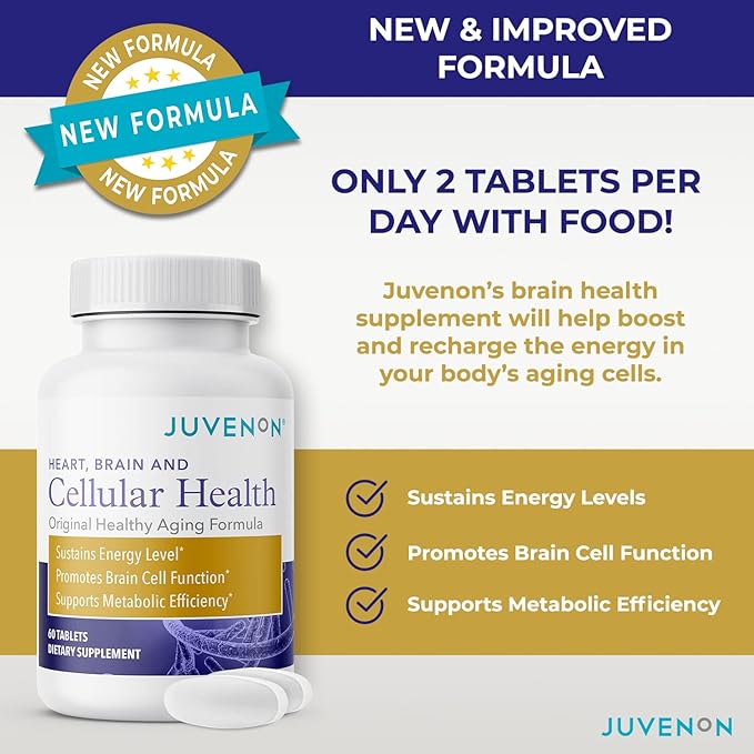 Juvenon Cellular Health | Heart Brain Supplement with Acetyl L-Carnitine and Biotin - Supports NAD+ Function Energy Production Mood Revitalized Metabolism Mental Focus &amp Clarity (60 Tablets)