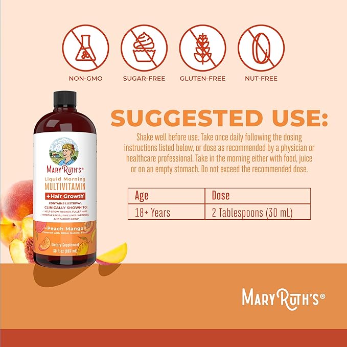 MaryRuth's Morning Multivitamin +Hair Growth (Peach Mango 30oz) Nighttime Multimineral (Coconut 32oz) &amp Probiotic Drops (4oz) | Vegan Vitamins for Beauty Bedtime Routine &amp Wellness | Non-