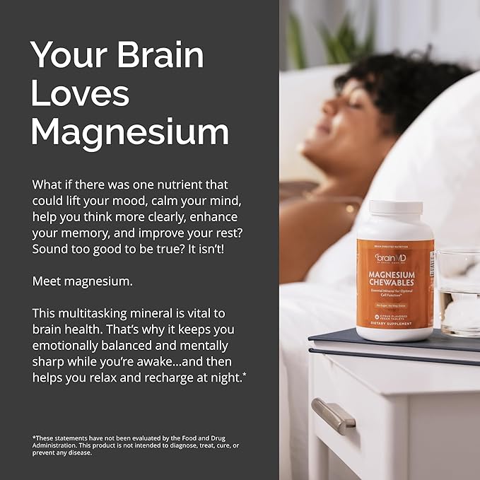 BRAINMD Dr Amen Magnesium Chewables Citrus - 60 Chewable Tablets - Essential Mineral for Optimal Cell Function - Supports Memory &amp Focus - Gluten Free - 60 Servings