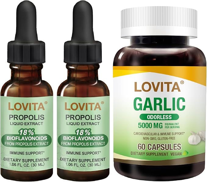 LOVITA Propolis &amp Garlic Bundle - 2 Liquid Drops &amp 1 Odorless Garlic (60 Caps) Immune &amp Circulation Support (3 Pc Set)