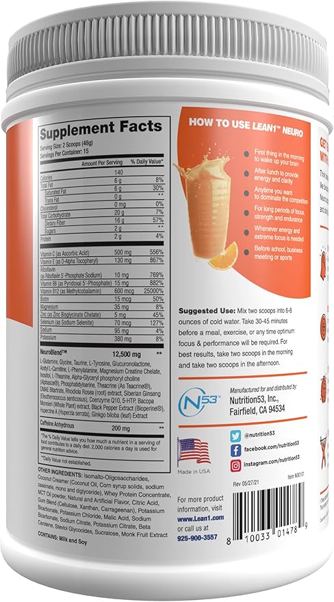 Lean1 Neuro Mental Energy Powder Drink orange flavor 15 serving tub by Nutrition53