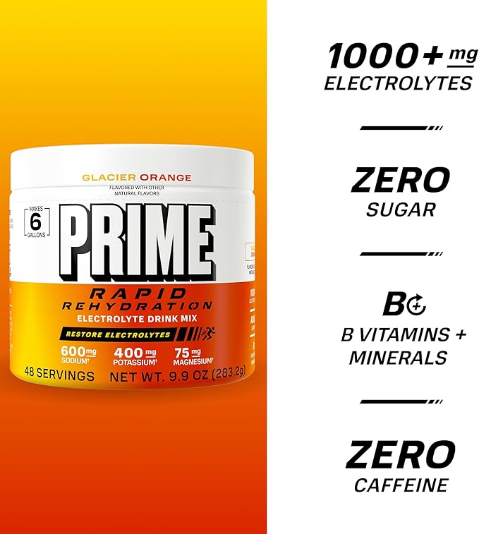 Prime Rapid Rehydration Electrolyte Powder Glacier Orange Sugar Free Hydration Drink Mix with Sodium Potassium Magnesium &amp B Vitamins to Replenish Fluids Caffeine Free 6 Gallon Tub 48 SRV