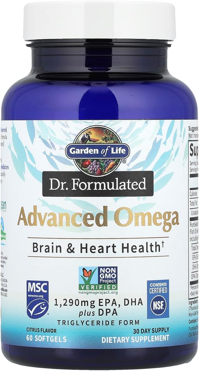Garden of Life Dr. Formulated Advanced Omega Fish Oil - Lemon 1290mg EPA DHA + DPA in Triglyceride Form Single Source Omega 3 Supplement for Ultimate Brain &amp Heart Health Non-GMO 60 Softgels