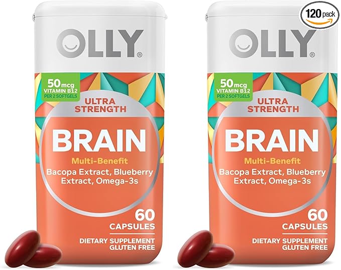 OLLY Ultra Strength Brain Softgels Nootropic Supports Healthy Brain Function Memory Focus and Concentration Omega-3s Vitamins B6 and B12 30 Day Supply - 60 Count (Pack of 2)