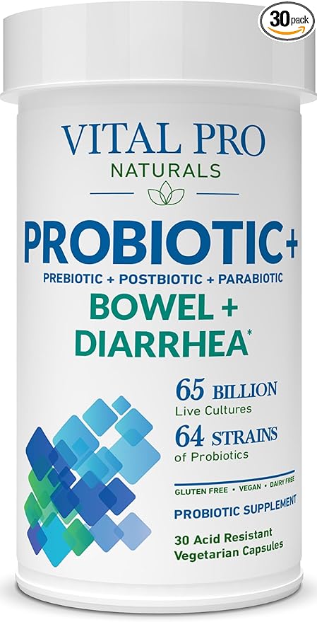 Vital Pro Naturals - Bowel and Diarrhea Probiotics + Prebiotics Postbiotics Parabiotics Health Supplement for Adults High Potency with 65 Billion CFU 64 Strains Supports Intestinal Health 30 ct