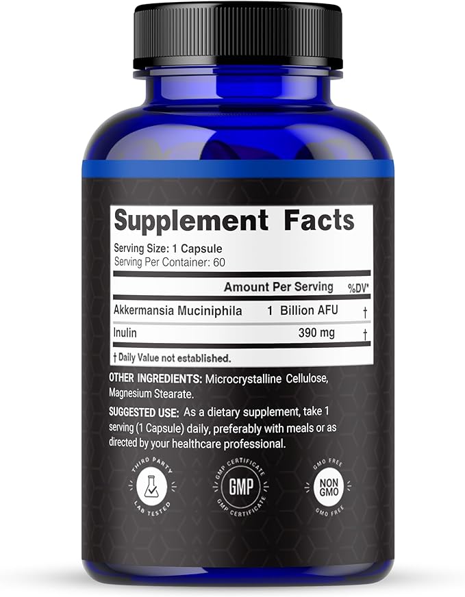 Akkermansia Muciniphila Probiotic – 1 Billion AFU with 390 mg Inulin Prebiotic Fiber – 60 Capsules 2-Month Supply – Gut Health &amp Metabolism Support Daily Probiotic for Men &amp Women