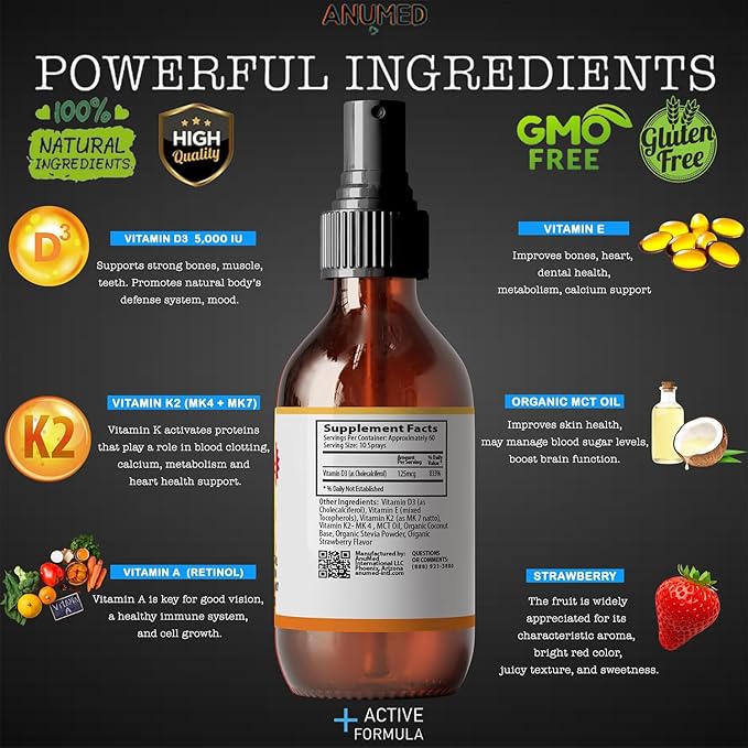 Vitamin D3 K2 5000 IU Liquid Spray with Organic MCT Oil Vitamin A (Retinol) 1250mcg K2 (MK4 MK7) Promotes Heart Bones Immune System. 100% Vegan Non-GMO No Sugar Added (2oz) (Strawberry)