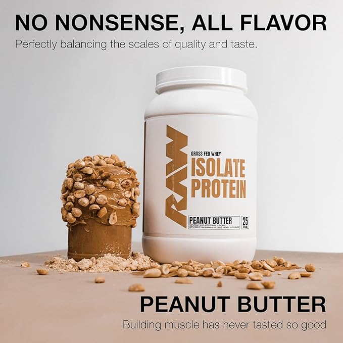 RAW Whey Isolate Protein Powder Peanut Butter - 100% Grass-Fed Sports Nutrition Protein Powder for Muscle Growth &amp Recovery - Low-Fat Low Carb Naturally Flavored &amp Sweetened - 25 Servings