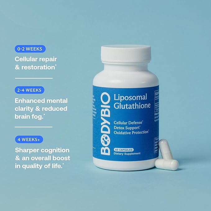 Bodybio Liposomal Glutathione | Body’s Most Powerful Antioxidant | Master Detoxification | Colon Cleanse| Optimal Cell Protection for Immune Defense | Enhanced Liposomal Absorption | 60 Capsules