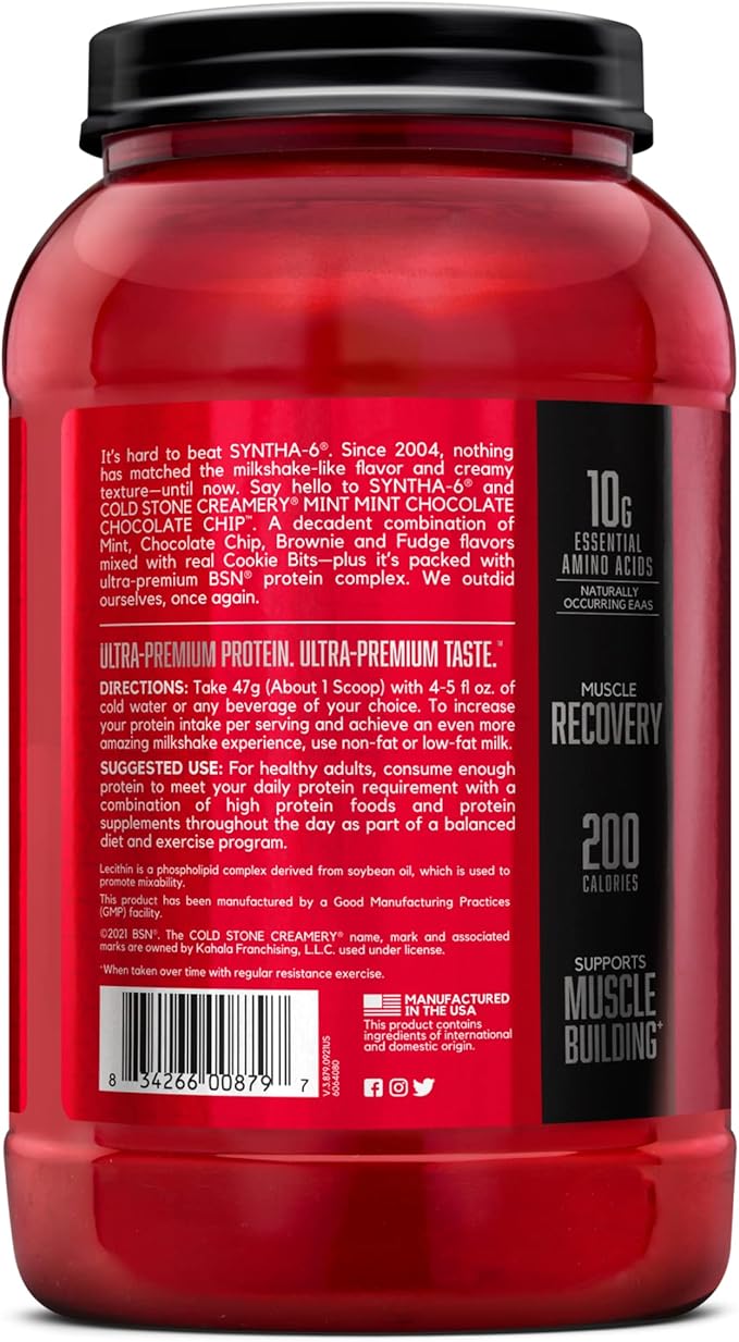 BSN Syntha-6 Whey Protein Powder Cold Stone Creamery- Mint Mint Chocolate Chocolate Chip Flavor Micellar Casein Milk Protein Isolate Powder 25 Servings