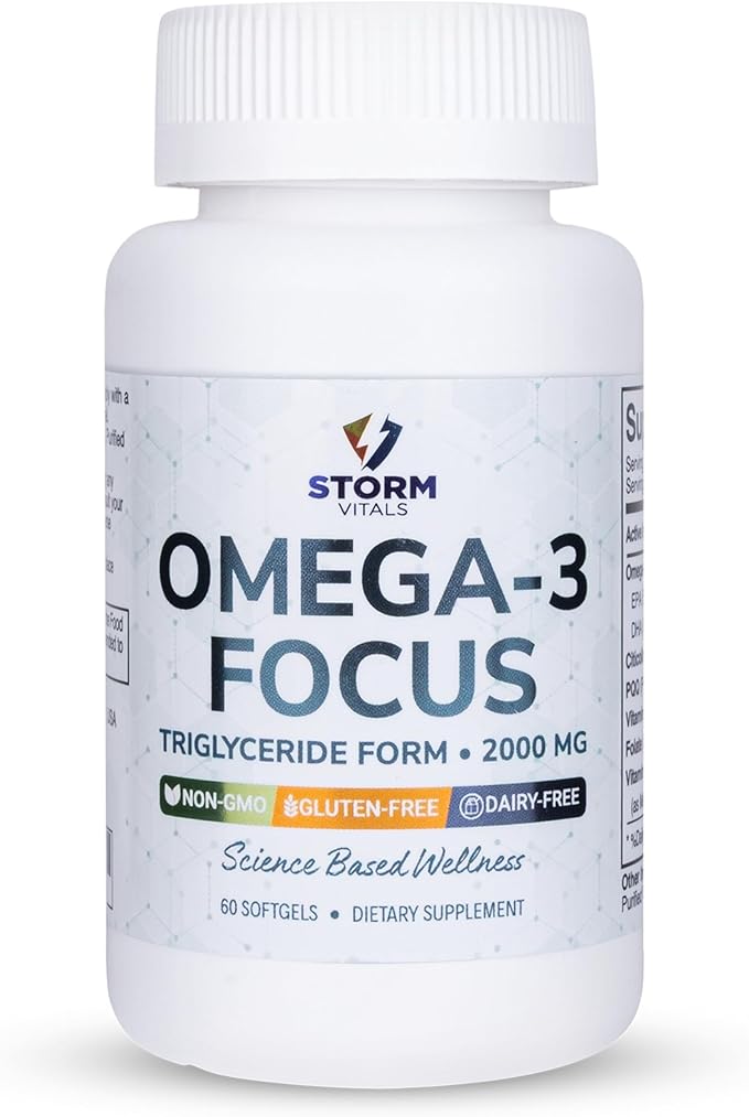 Omega-3 Focus 2000mg with Nootropic Formula – Citicoline DHA EPA B12 PQQ Folate &amp P5P – Triglyceride Form Omega 3 – 60 Softgels (60 Count (Pack of 1))