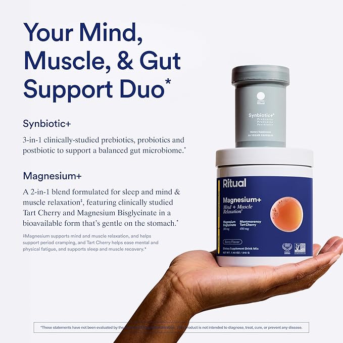 Ritual Mind Muscle &amp Gut Support Duo with Magnesium+ Drink Mix for Mind and Muscle Relaxation and Synbiotic+ for Daily Gut Health Support 30 Day Supply