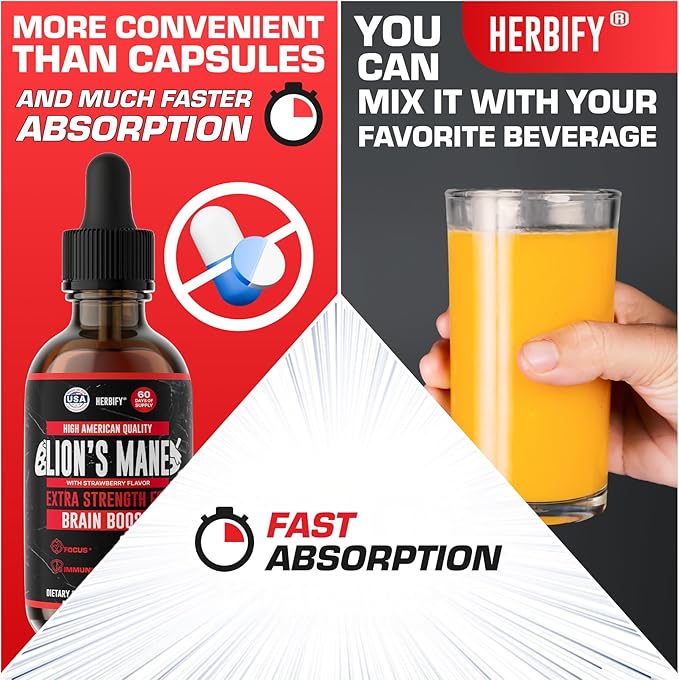 HERBIFY Lions Mane Supplement - Daily Mushroom Supplement for Memory Focus &amp Clarity - Brain Booster - Lions Mane Tincture for Immune Support - 4 Fl oz Strawberry Flavor