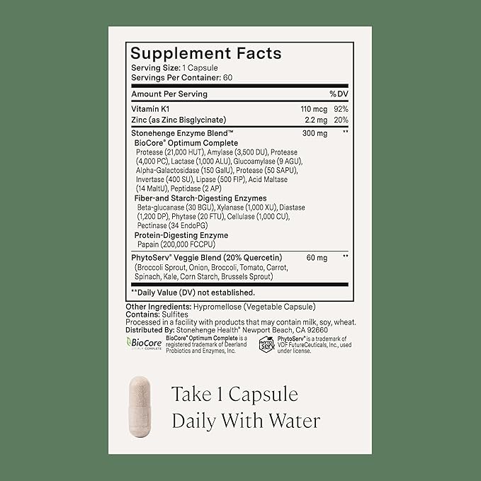 Stonehenge Health Dynamic Digestive Enzymes -18 Enzymes with BioCore Optimum Complete (Protease Lipase Amylase Lactase) + Zinc &amp Vitamin K1 + Phytonutrients – Gas &amp Bloating Support – 60 Ca