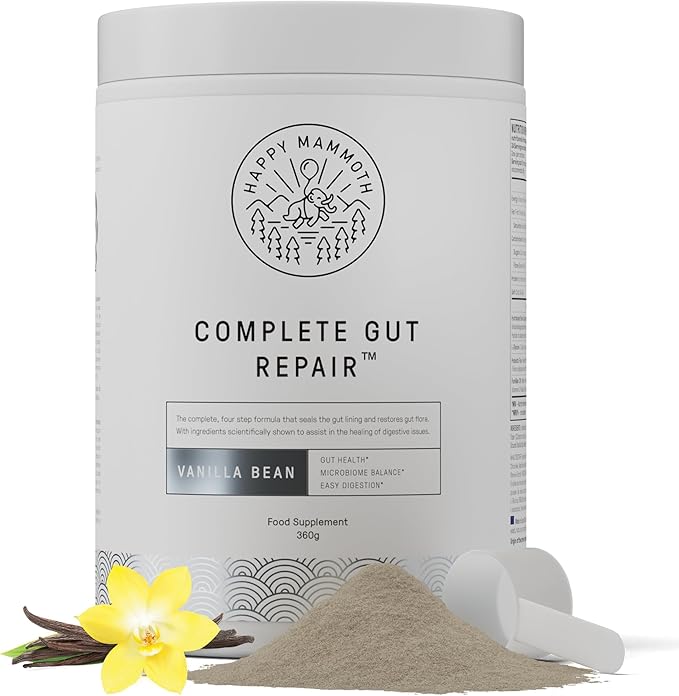 Happy Mammoth Complete Gut Repair Probiotic Prebiotic Fiber &amp Collagen Supplement for Gut Health Digestion Healthy Gut Microbiome Reduces Constipation &amp Bloating 24 Servings Vanilla Flav