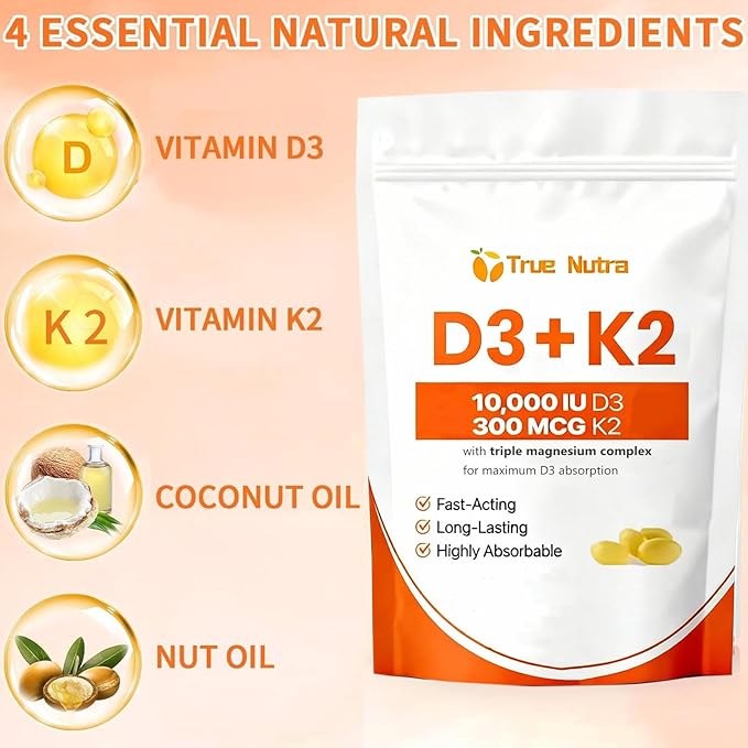 D3 K2Vitamin D3 K2 10000 IU Magnesium Supplement Non-GMO Gluten-FreeSupports Immune &amp Energy 300 Coconut Oil Softgels