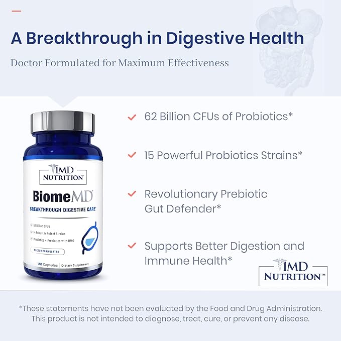 1MD Nutrition BiomeMD Probiotics | 62 Billion CFUs 15 Comprehensive Strains - Pro &amp Prebiotics | Doctor-Formulated for Digestive Health &amp Immune Support | 30 Capsules